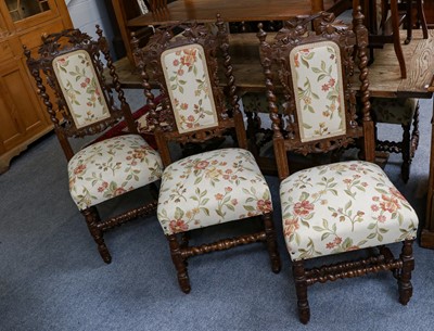 Lot 1233 - A set of six oak barley twist dining chairs,...