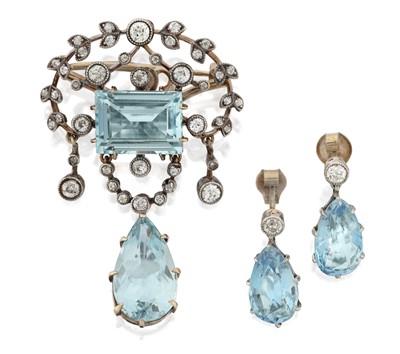 Lot 2303 - An Edwardian Aquamarine and Diamond Brooch and Drop Earring Suite