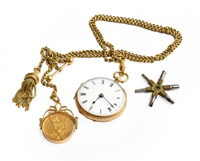 Lot 248 - An 18 carat gold fob watch, with attached...