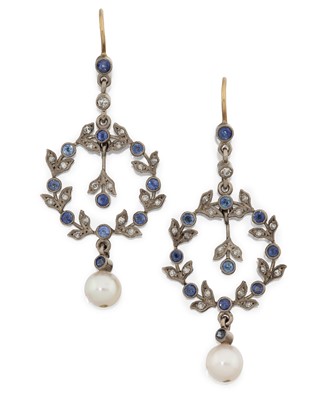 Lot 2039 - A Pair of Sapphire, Diamond and Cultured Pearl Drop Earrings