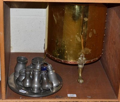 Lot 137 - Two London pewter plates, pewter caster and pepperettes, pewter mustard and salt, pewter...
