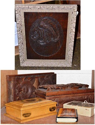 Lot 139 - Mauchline box, Chinese hardwood box, carved wood bookends, carved oak panel and two books