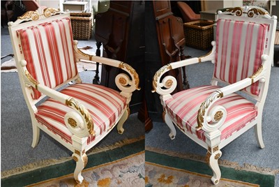 Lot 1163 - A pair of French Empire style open armchairs,...