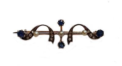 Lot 189 - A sapphire, diamond and cultured pearl bar...