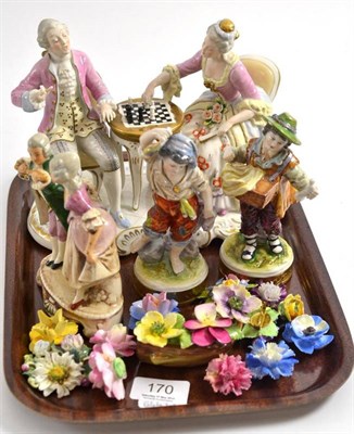 Lot 170 - A Kaiser ceramic group of figures playing chess, three Continental figures and Staffordshire floral