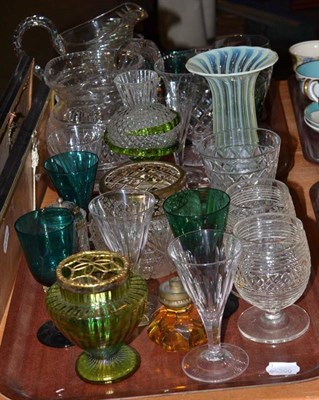 Lot 174 - Quantity of glassware, coloured glass, vaseline glass vase, inkwell, silver mounted condiments,...