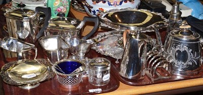 Lot 175 - A silver lidded hair tidy, silver condiment set, a silver rimmed dish and a quantity of plated...