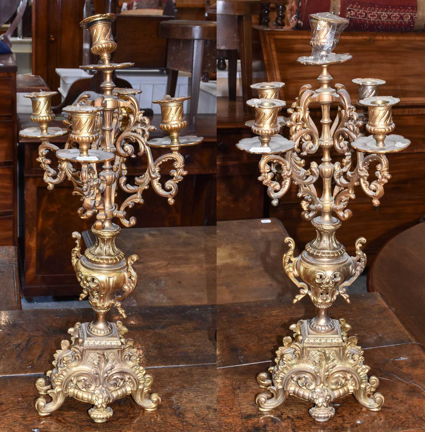 Lot 370 - A pair of late 19th Century gilt brass five...