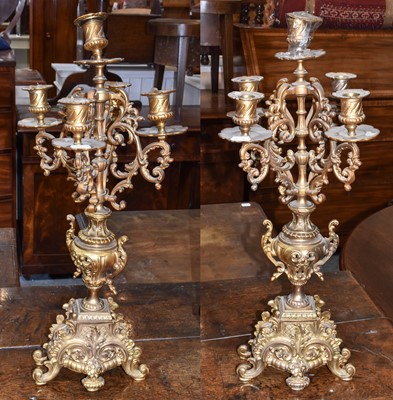 Lot 370 - A pair of late 19th Century gilt brass five...
