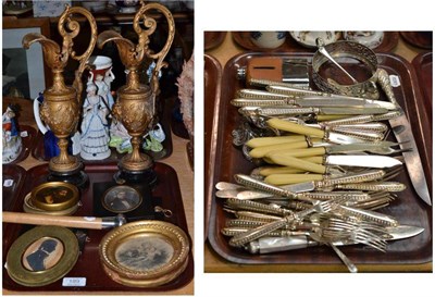 Lot 189 - Assorted plated flatware, pair of gilt metal ewers, portrait miniature on ivory of a gentleman...