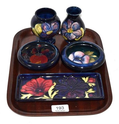 Lot 193 - Two William Moorcroft dishes, pansy and pomegranate pattern, 11cm diameter; two Walter...