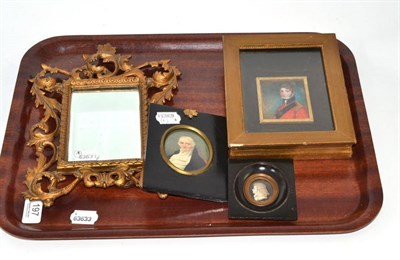 Lot 197 - Gilt painted easel framed small mirror, framed portrait miniature of a 19th century gent on...