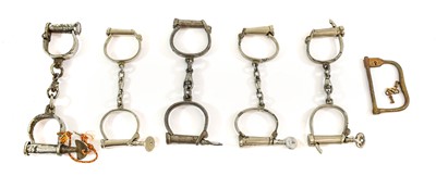 Lot 182 - Five Pairs of Darby Style Steel Handcuffs,...
