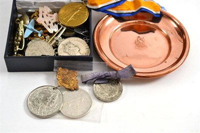 Lot 204 - Assorted medals, coins etc and a copper pin tray embossed HMS Hood