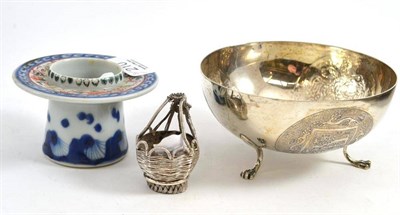 Lot 210 - 800 standard bowl, Japanese holder and a white metal small basket