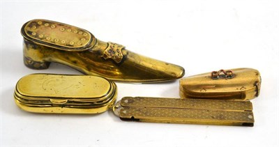 Lot 213 - A brass shoe snuff box, oval snuff, violin shaped snuff and campaign fork (4)