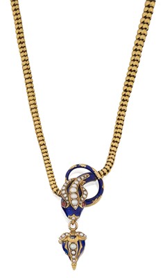 Lot 2311 - A Victorian Split Pearl, Blue Enamel and Garnet Necklace