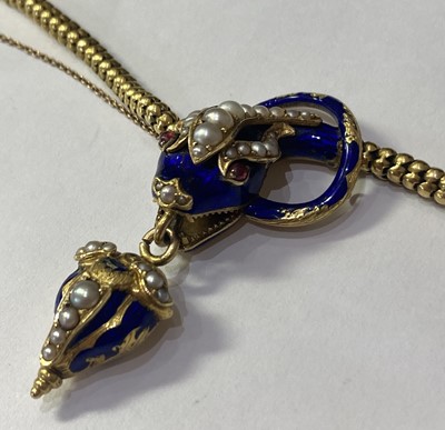 Lot 2311 - A Victorian Split Pearl, Blue Enamel and Garnet Necklace