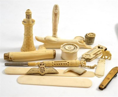 Lot 220 - Assorted ivory and bone carvings, pens etc