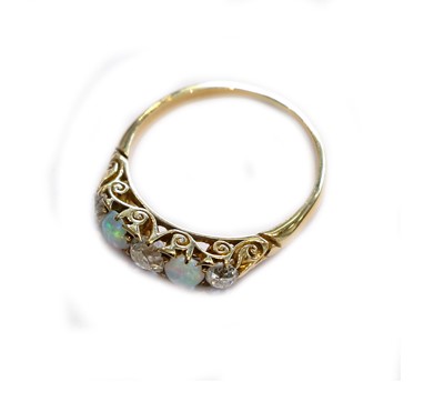 Lot 161 - An opal and diamond five stone ring, unmarked,...
