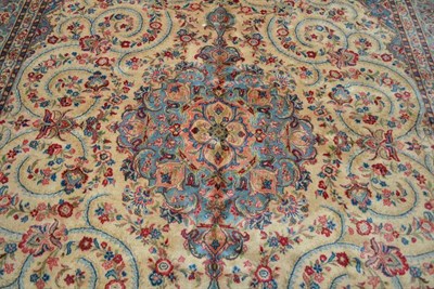 Lot 1120 - Kirman Carpet South East Persia the cream field of scrolling vines around a pale blue pole...