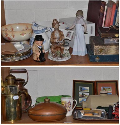 Lot 245 - Two shelves including Royal Doulton Winston Churchill character jug, plated items, etc