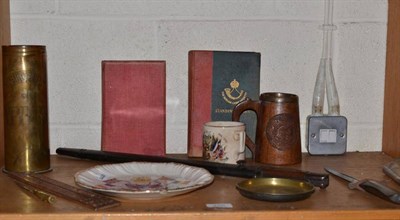 Lot 250 - A collection of WWI items including an Ypres trench art shell case, bayonet, The Durham Light...