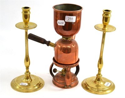Lot 255 - A pair of 19th century brass candlesticks and a copper coffee percolator (3)