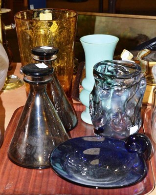 Lot 258 - Whitefriars vase, a bucket vase, two 1960's conical shaped decanters and an opalescent vase