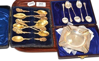 Lot 265 - Silver ashtray and cased set of silver spoons and others