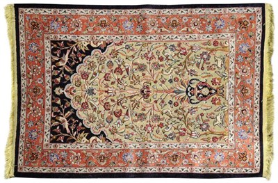 Lot 1124 - Unusual Tabriz Silk Souf Prayer Rug Persian Azerbaijan The metal thread field with an urn...