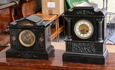 Lot 392 - Two Victorian black slate striking mantel...