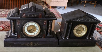 Lot 387 - Two Victorian black slate striking mantel...