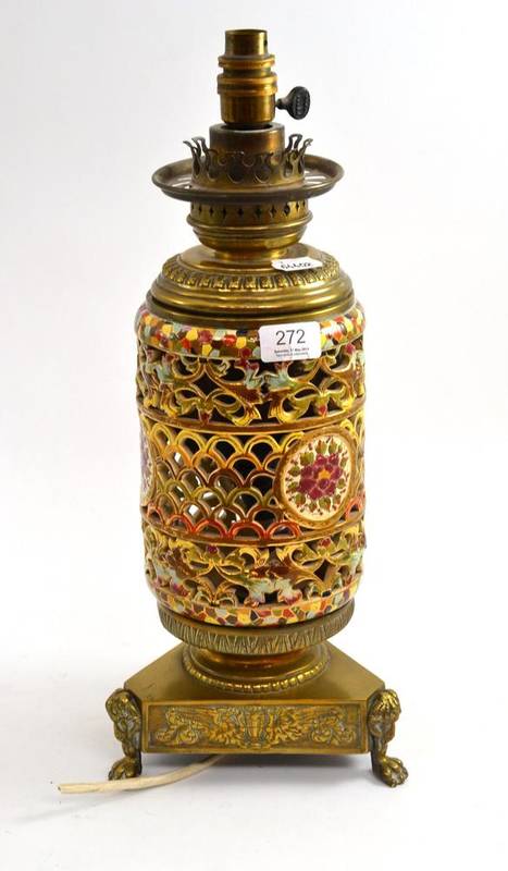 Lot 272 - Zolnay-style pottery lamp on triform brass stand