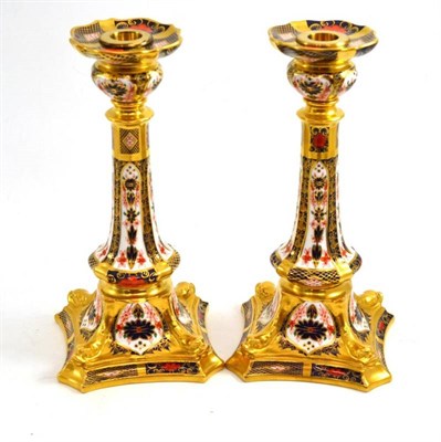 Lot 278 - Pair of Royal Crown Derby candlesticks, Old Imari 1128 pattern
