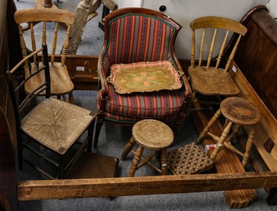 Lot 1371 - Two pine Country chairs, two similar stools, a...