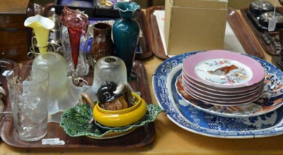 Lot 306 - Three glass light shades, Linthorpe pottery (a.f.), blue and white meat plate, decorative...