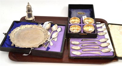 Lot 309 - George III waiter, with engraved crest, unmarked, 18.5cm diameter, a cased set of four...