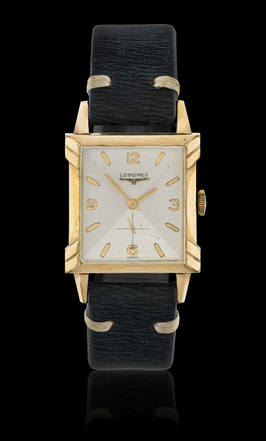 Lot 2391 - Longines: A 10 Carat Gold Filled Square Shaped Wristwatch