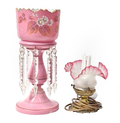 Lot 89 - A Victorian pink glass table lustre and a...