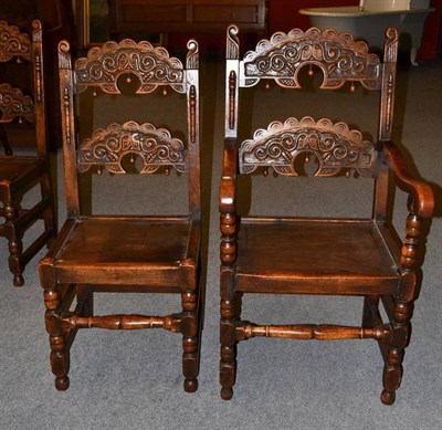 Lot 1130 - A Set of Eight Yorkshire/Derbyshire Style Chairs, 20th century, including two carvers, with...