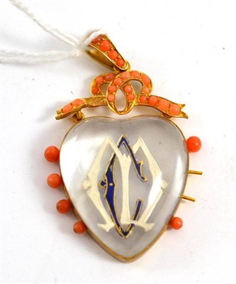 Lot 329 - A rock crystal and coral heart shaped pendant with bow motif surmount, and enamelled initials CM in