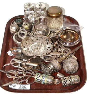 Lot 330 - Embossed silver pin dish, silver mounted scissors, silver and plated items etc