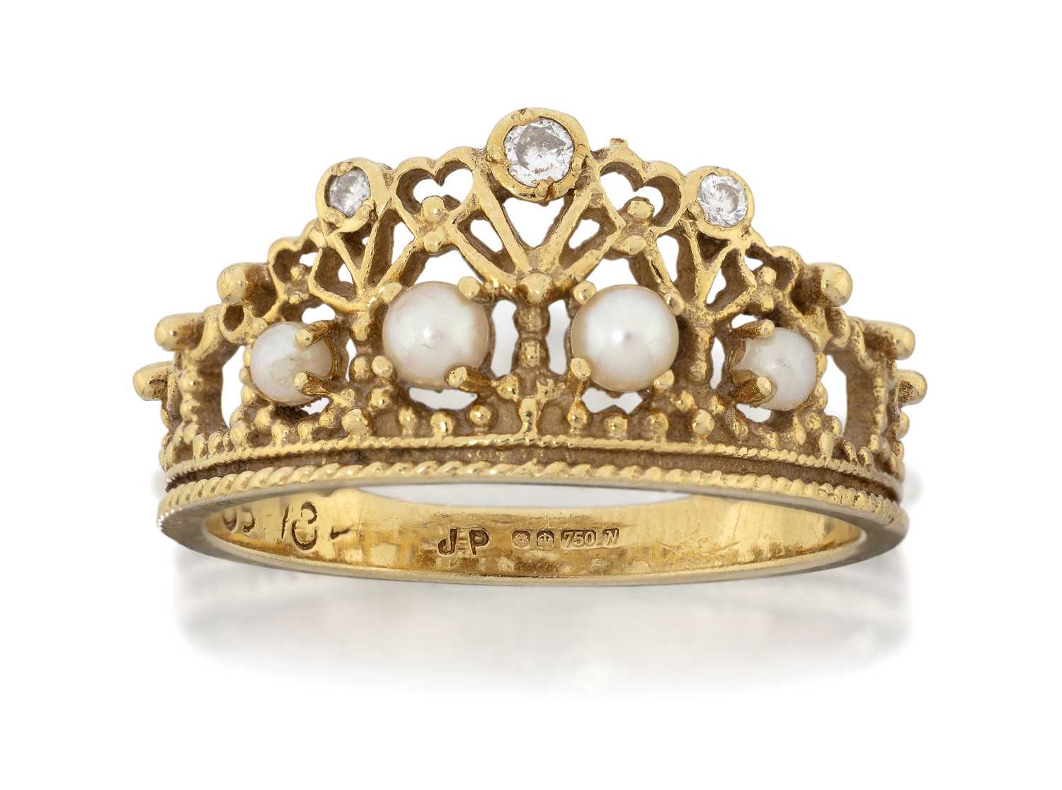 Lot 2140 - An 18 Carat Gold Diamond and Cultured Pearl Ring