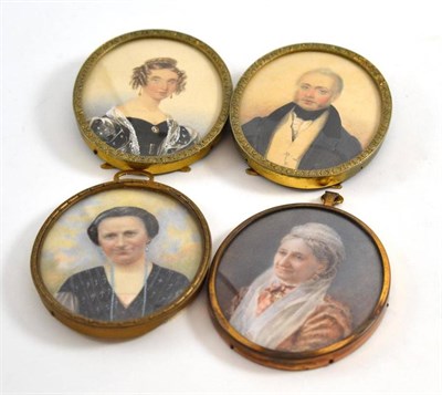 Lot 336 - Pair of oval framed watercolour portrait miniatures and two oval framed portrait miniatures of...