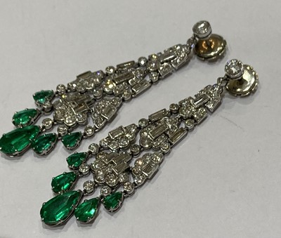 Lot 2360 - A Pair of Art Deco Emerald and Diamond Drop Earrings