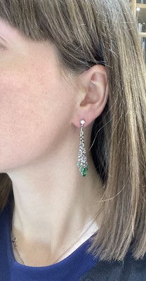 Lot 2360 - A Pair of Art Deco Emerald and Diamond Drop Earrings