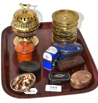 Lot 344 - Assorted collectables including three snuff boxes, two brass string boxes, modern china...