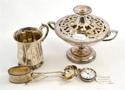 Lot 345 - A Victorian silver Christening mug, a pocket watch, silver plate, etc