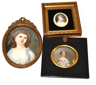 Lot 348 - Painted porcelain oval panel of a young girl within a gilt metal frame, ivory framed miniature...